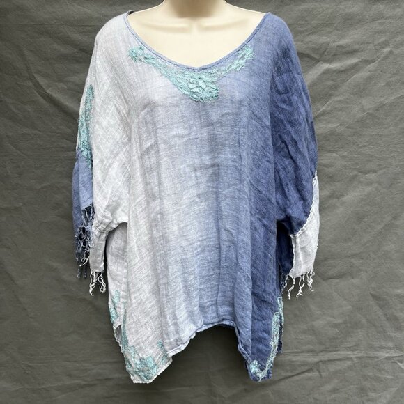 Chico's Size 3 I US Large Blue Ombre Boho Linen Shirt Loose Fit Lace Hippie - Picture 1 of 10